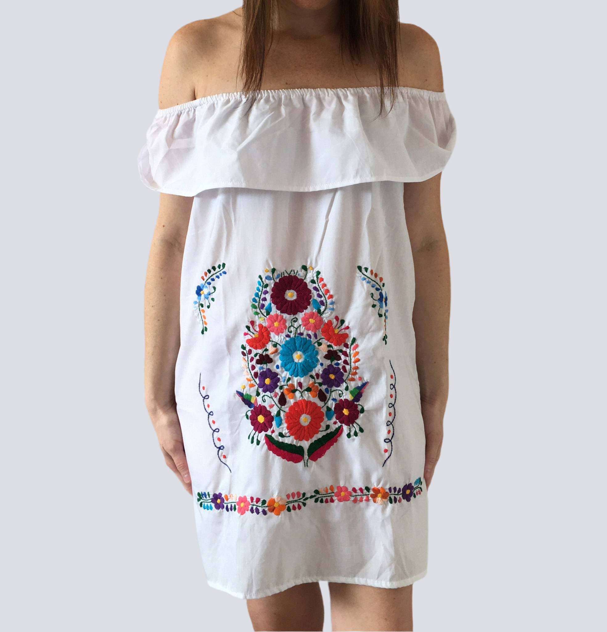 Handmade Women's White Off the Shoulder Embroidered Mexican Dress - Size Medium - Mexican Wedding - Mexican Fiesta Dress - Vestido Bordado Handmade Women's White Off the Shoulder Embroidered Mexican Dress - Size Medium - Mexican Wedding - Mexican Fiesta Dress - Vestido Bordado
