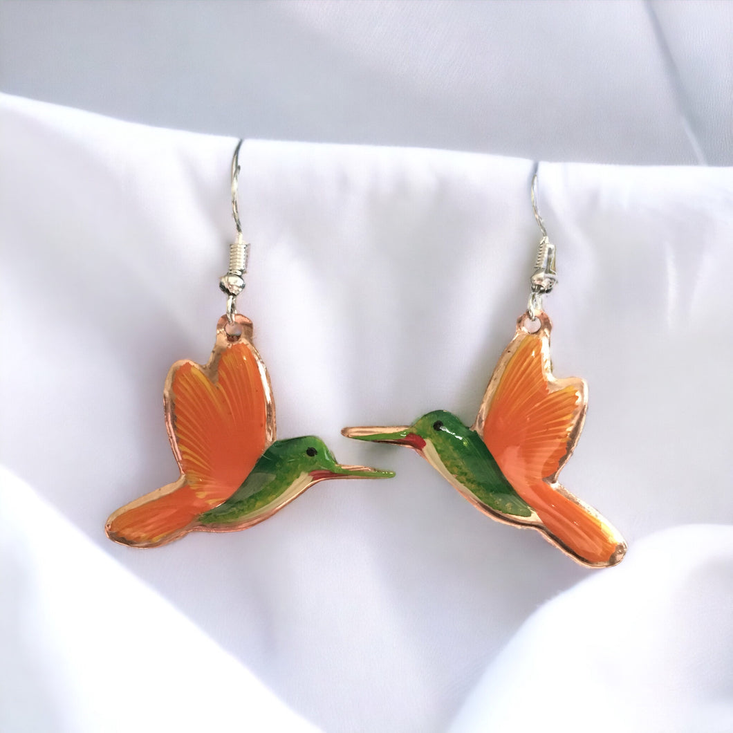 Handmade Mexican Copper Hummingbird Earrings - Hand Painted