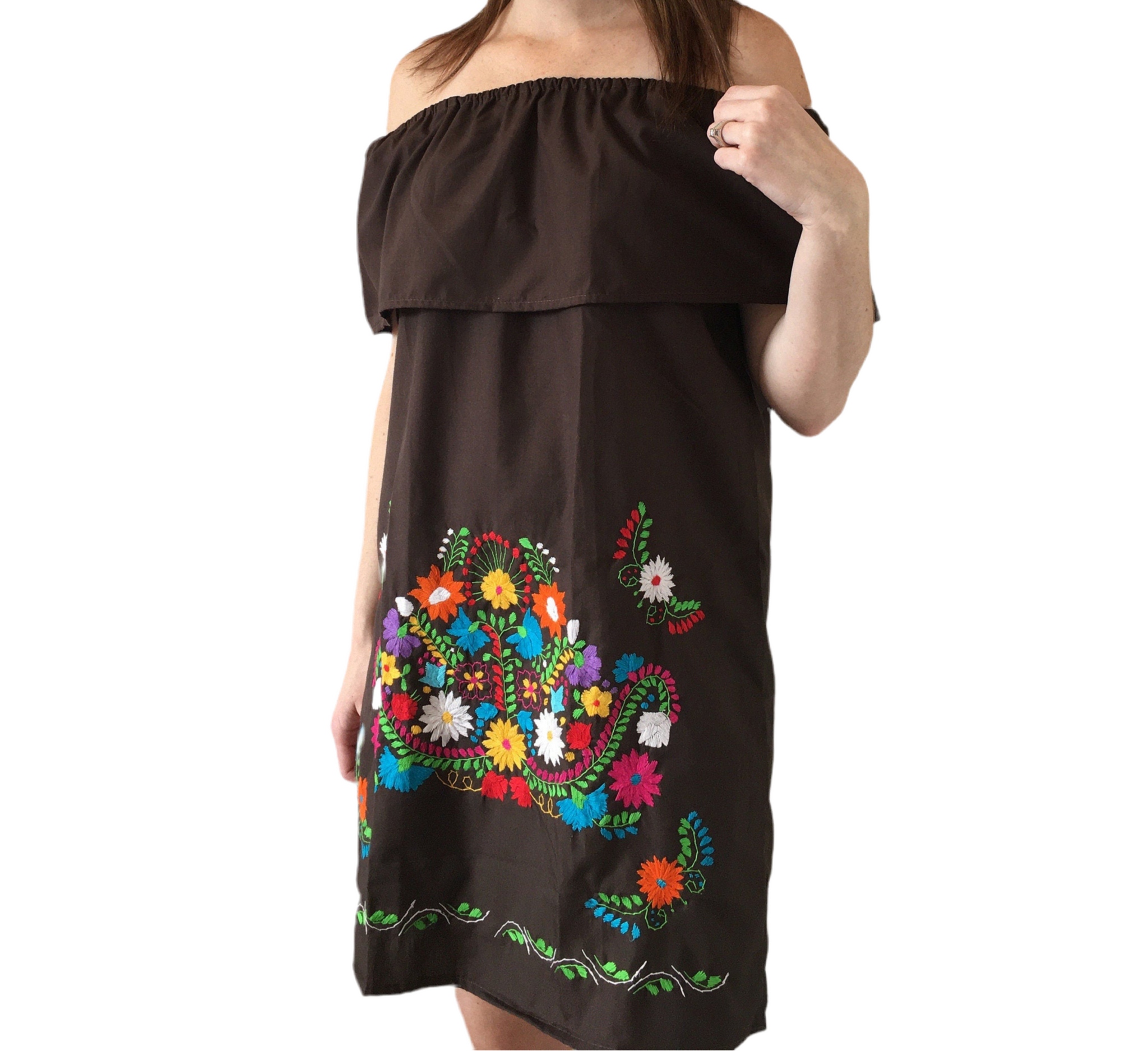 Women's Off the Shoulder Embroidered Brown Mexican Dress - Handmade in Oaxaca, Mexico - Size Medium - Mexican Fiesta - Mexican Wedding Women's Off the Shoulder Embroidered Brown Mexican Dress - Handmade in Oaxaca, Mexico - Size Medium - Mexican Fiesta - Mexican Wedding