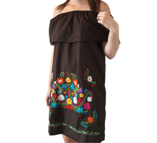 Load image into Gallery viewer, Women&#39;s Off the Shoulder Embroidered Brown Mexican Dress - Handmade in Oaxaca, Mexico - Size Medium - Mexican Fiesta - Mexican Wedding
