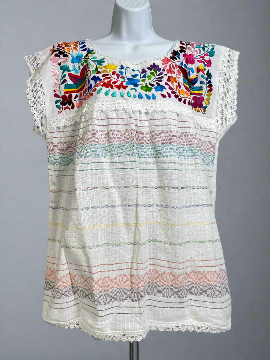 Handmade Embroidered Mexican Floral Paloma Blouse - Size Large