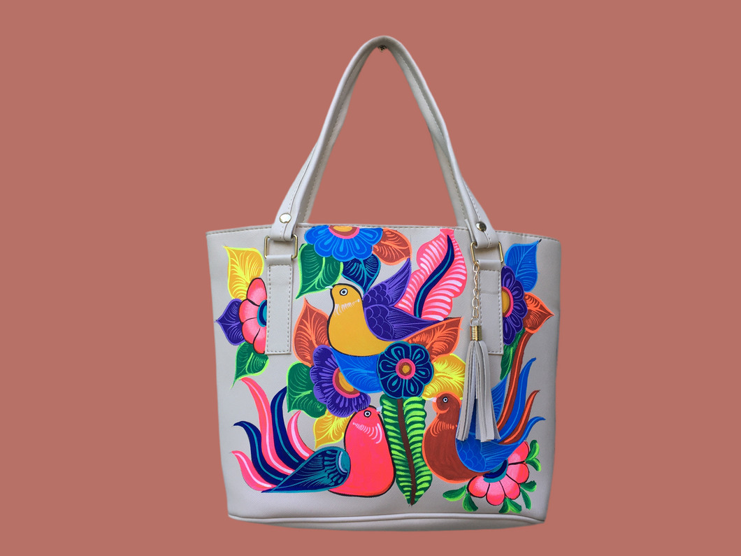 Hand Painted Mexican Tote Bag Purse Handbag - Synthetic Vegan Leather Bag