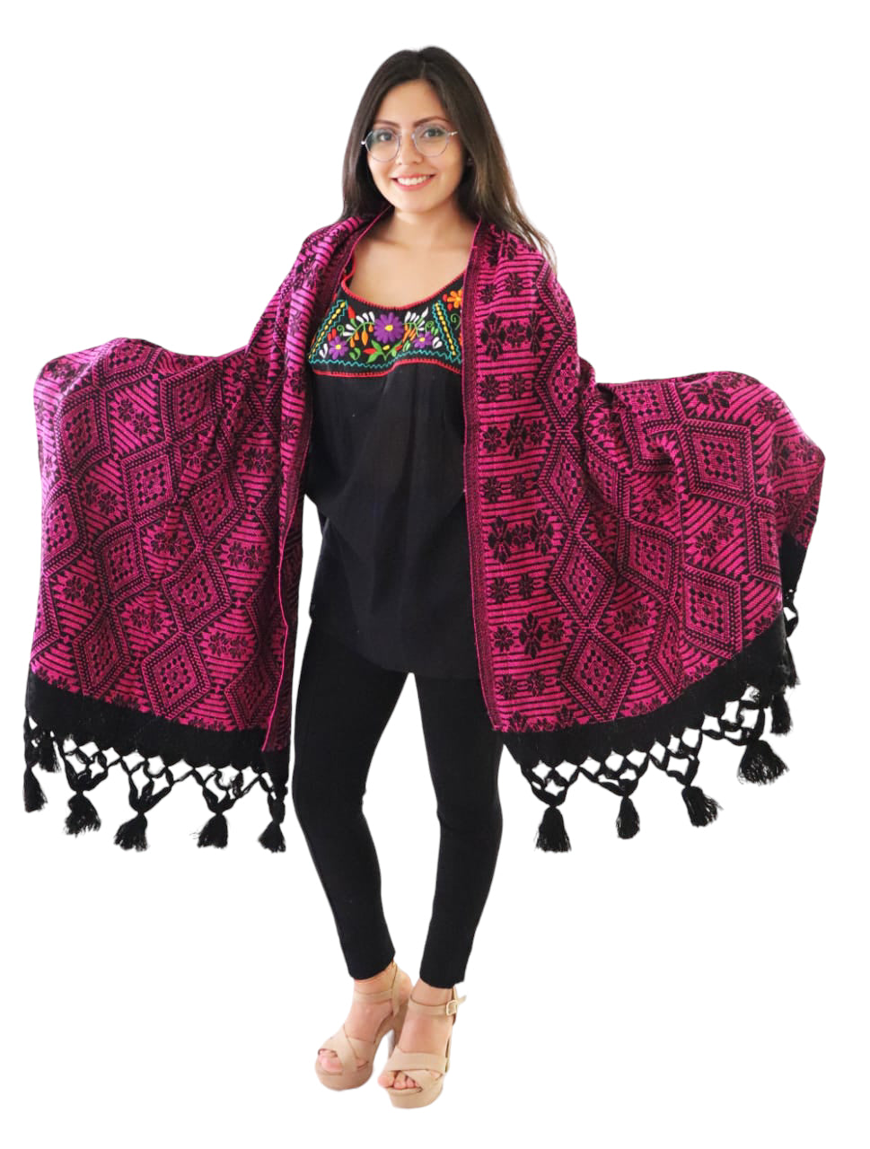 Handmade Traditional Woven Black & Pink Mexican Rebozo Scarf - Shawl Wrap