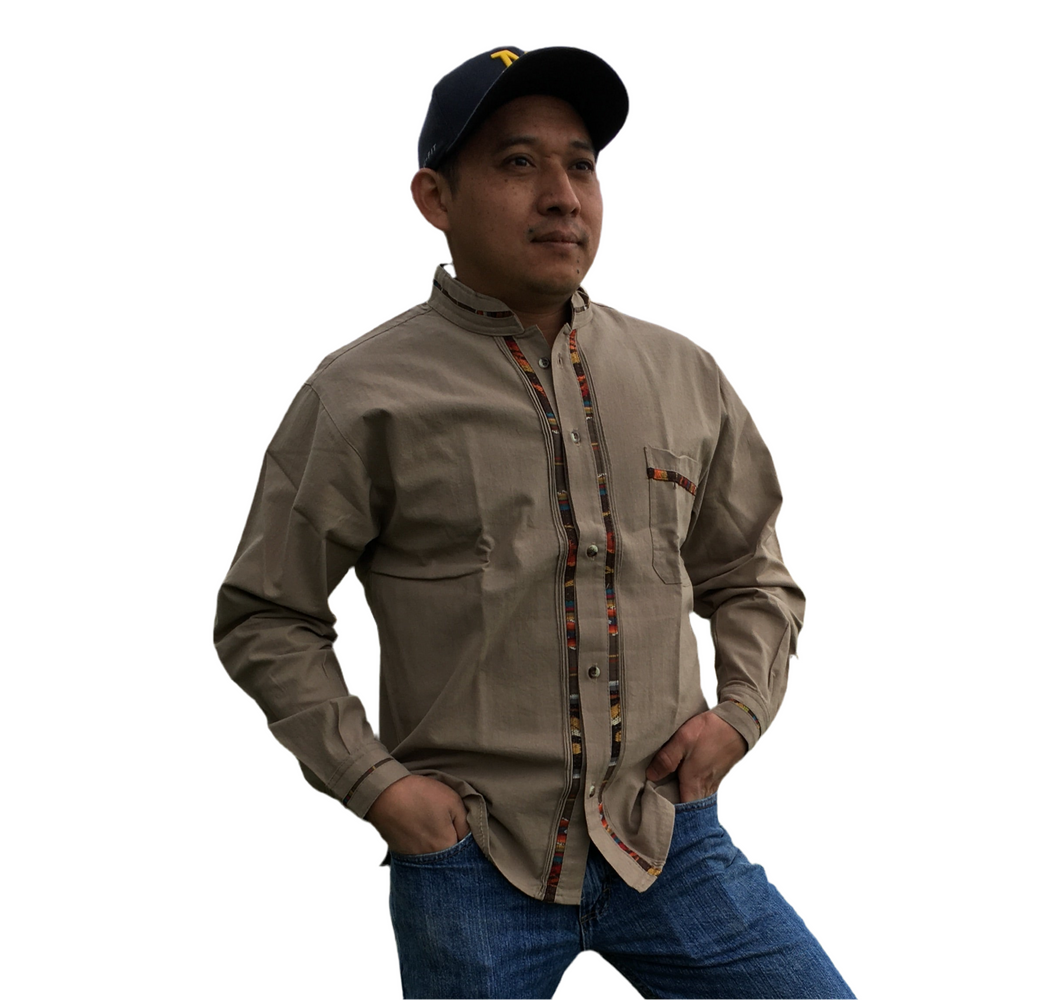 Handmade Men's Long Sleeve Traditional Brown Mexican Guayabera - Size Small - XL