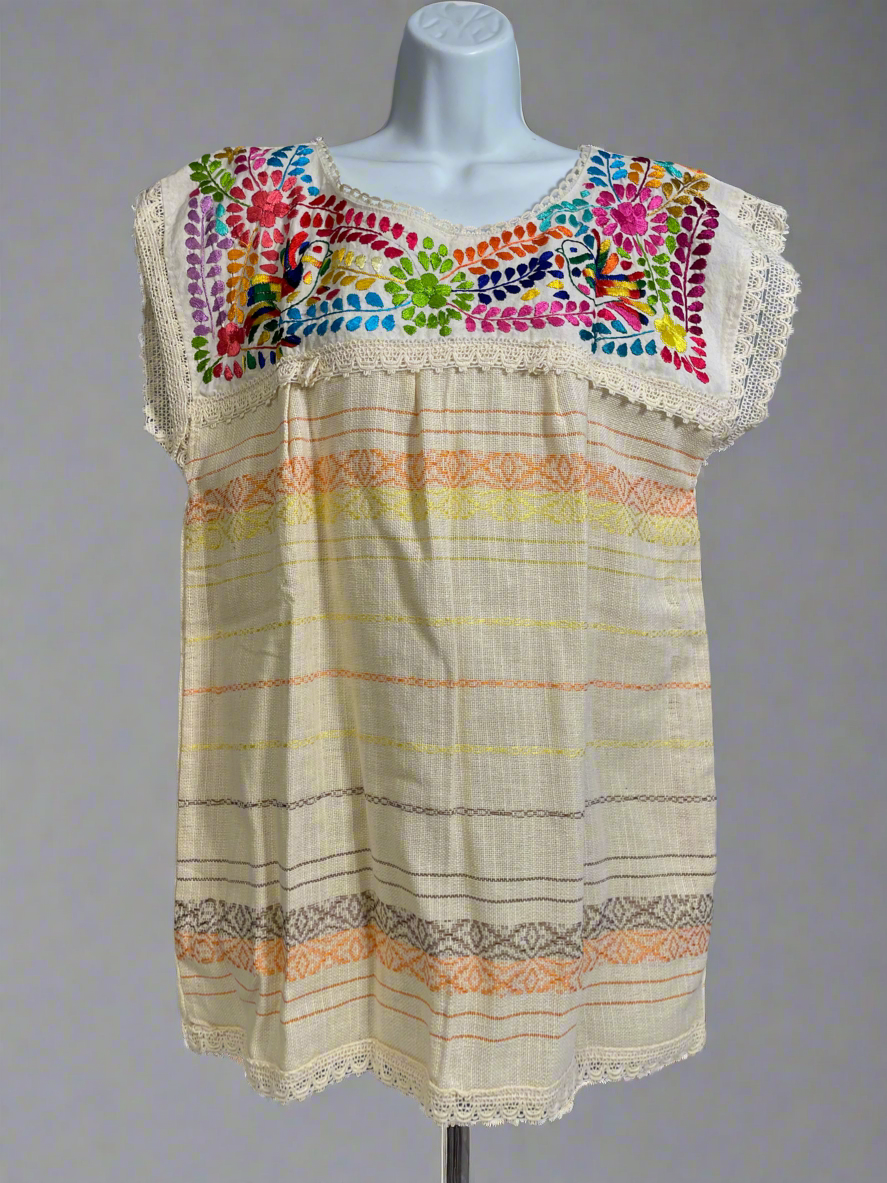 Handmade Embroidered Mexican Floral Paloma Blouse - Size Large