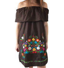 Load image into Gallery viewer, Women&#39;s Off the Shoulder Embroidered Brown Mexican Dress - Handmade in Oaxaca, Mexico - Size Medium - Mexican Fiesta - Mexican Wedding
