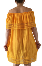 Load image into Gallery viewer, Handmade Women&#39;s Yellow Off the Shoulder Embroidered Mexican Dress - Size Medium - Mexican Wedding - Mexican Fiesta Dress - Vestido Bordado
