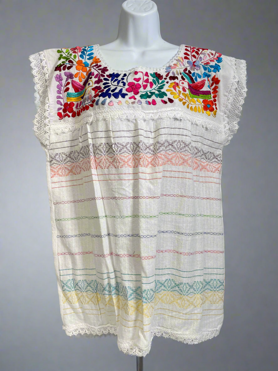 Handmade Embroidered Mexican Floral Paloma Blouse - Size Large