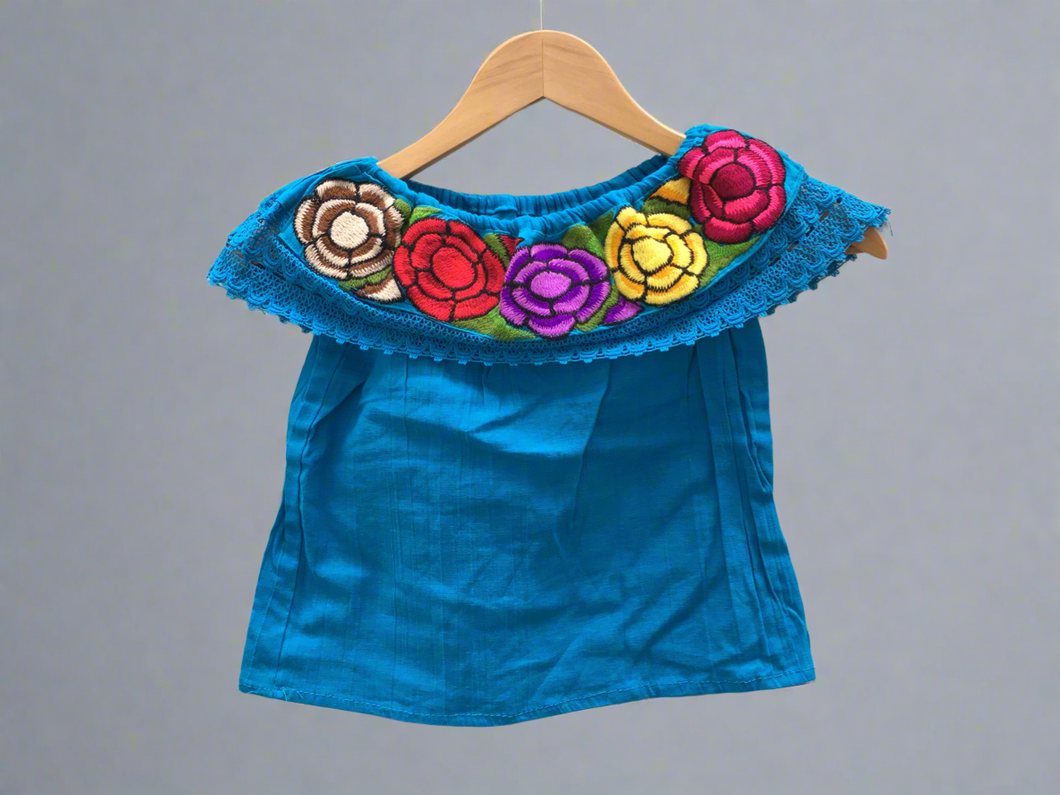 Handmade Girls Embroidered Mexican Blouse - Size 4 - Off the Shoulder Blouse