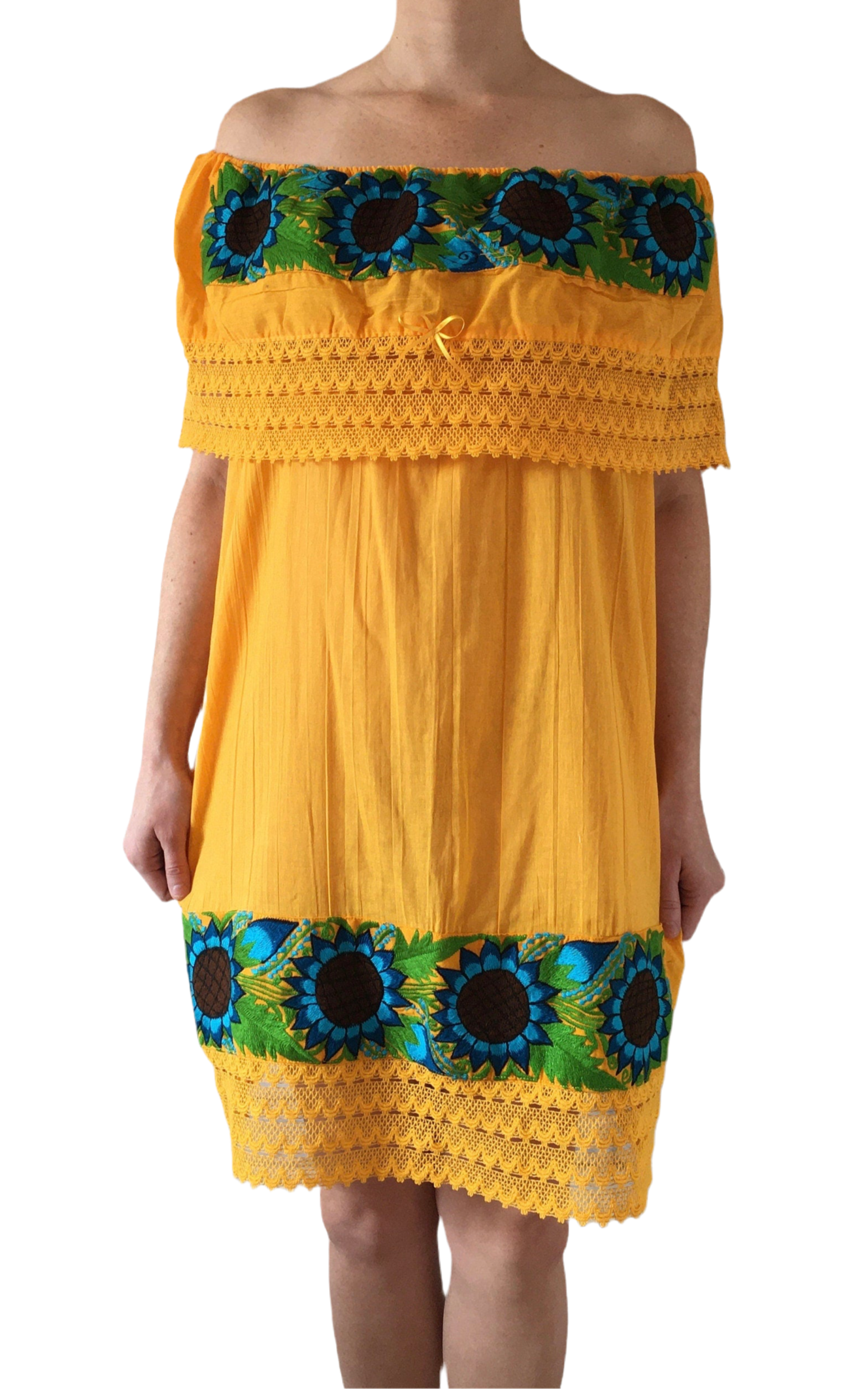 Handmade Women's Yellow Off the Shoulder Embroidered Mexican Dress - Size Medium - Mexican Wedding - Mexican Fiesta Dress