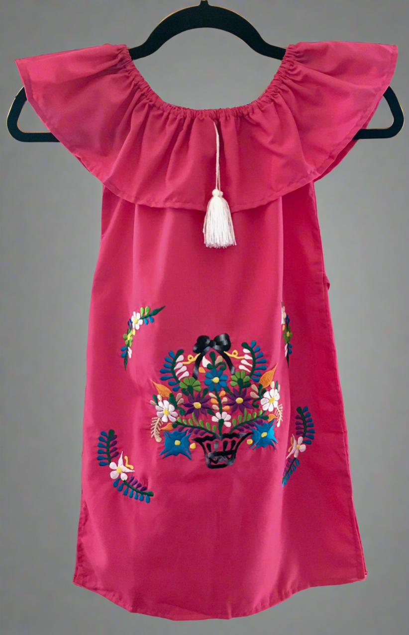 Girls Mexican Dress - Embroidered Girls Dress - Girls Mexican Fiesta Dress - Pink Mexican Dress - Vestiditio Bordado Artesanal