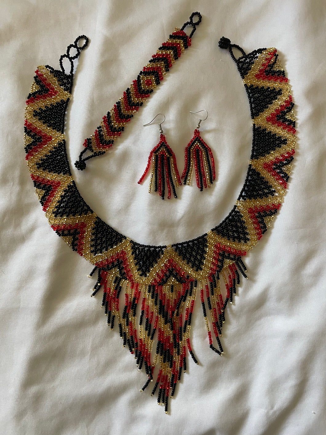 Handmade Mexican Huichol Bead Necklace, Bracelet & Earrings Jewelry Set