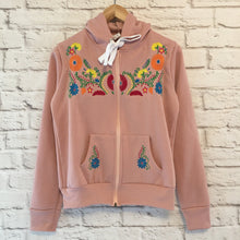 Load image into Gallery viewer, Women&#39;s Pink Floral Embroidered Mexican Sweatshirt - Embroidered Mexican Hoodie with a Zipper - Sudadera Bordada Mexicana
