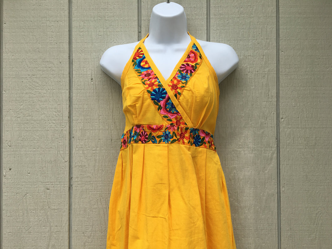 Handmade Women's Floral Embroidered Mexican Halter Dress - Size Medium
