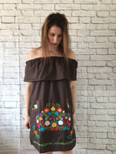 Load image into Gallery viewer, Women&#39;s Off the Shoulder Embroidered Brown Mexican Dress - Handmade in Oaxaca, Mexico - Size Medium - Mexican Fiesta - Mexican Wedding
