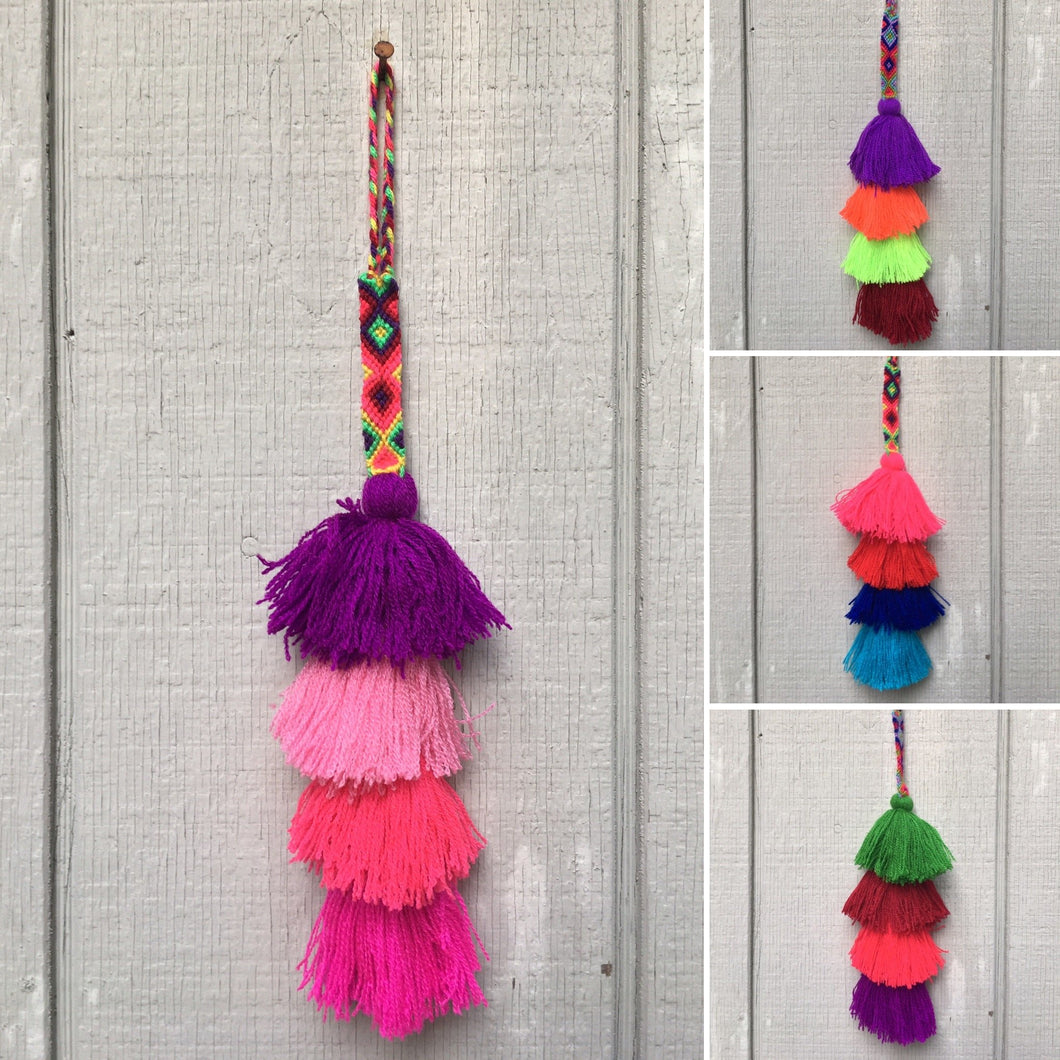 Package of 12 Handmade Mexican Tassel Pom Poms w/ Braid