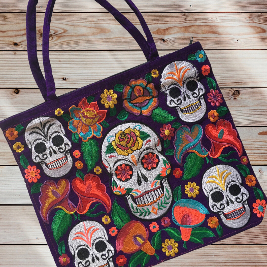 Handmade Mexican Sugar Skull Embroidered Tote Bag - Women's Purses & Handbags
