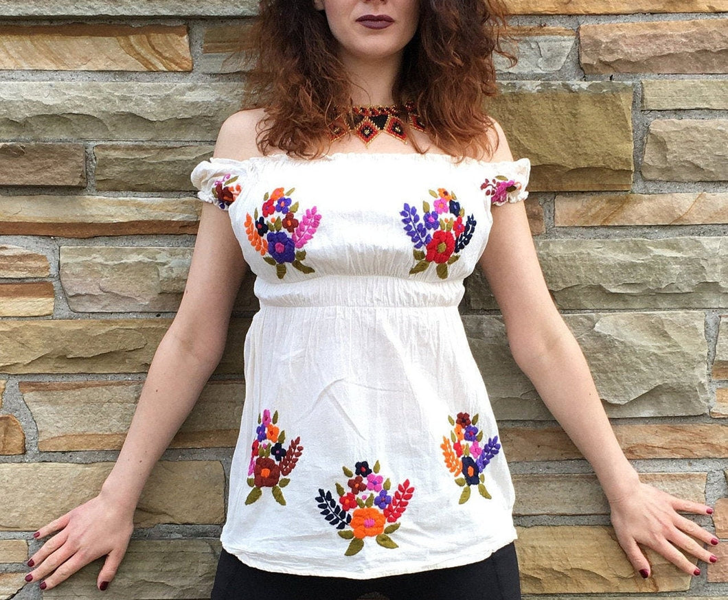 Handmade Women's Baby Doll Mexican Blouse - Size Small - Hand Embroidered & 100% Cotton Mexican Blouse - Blusa Artesanal Mexicana
