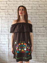 Load image into Gallery viewer, Women&#39;s Off the Shoulder Embroidered Brown Mexican Dress - Handmade in Oaxaca, Mexico - Size Medium - Mexican Fiesta - Mexican Wedding
