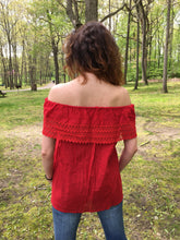 Load image into Gallery viewer, Hand Embroidered Off the Shoulder Floral Embroidered Red Mexican Blouse - Handmade in Mexico - Size Medium - Traditional Peasant Blouse
