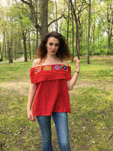 Load image into Gallery viewer, Hand Embroidered Off the Shoulder Floral Embroidered Red Mexican Blouse - Handmade in Mexico - Size Medium - Traditional Peasant Blouse
