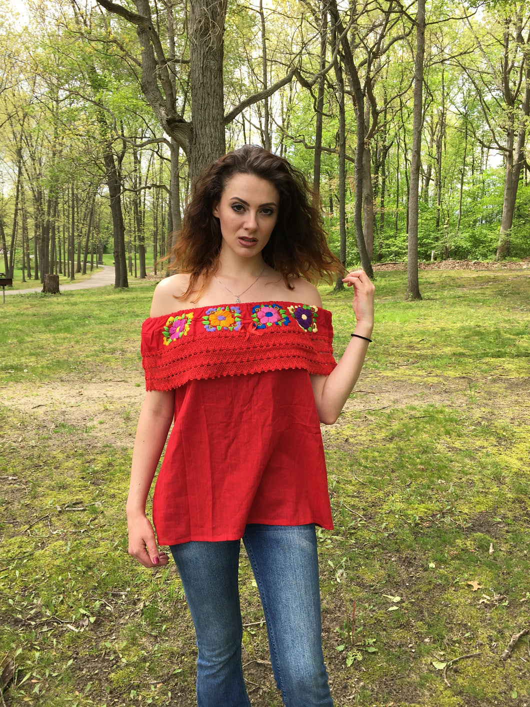 Hand Embroidered Off the Shoulder Floral Embroidered Red Mexican Blouse - Handmade in Mexico - Size Medium - Traditional Peasant Blouse