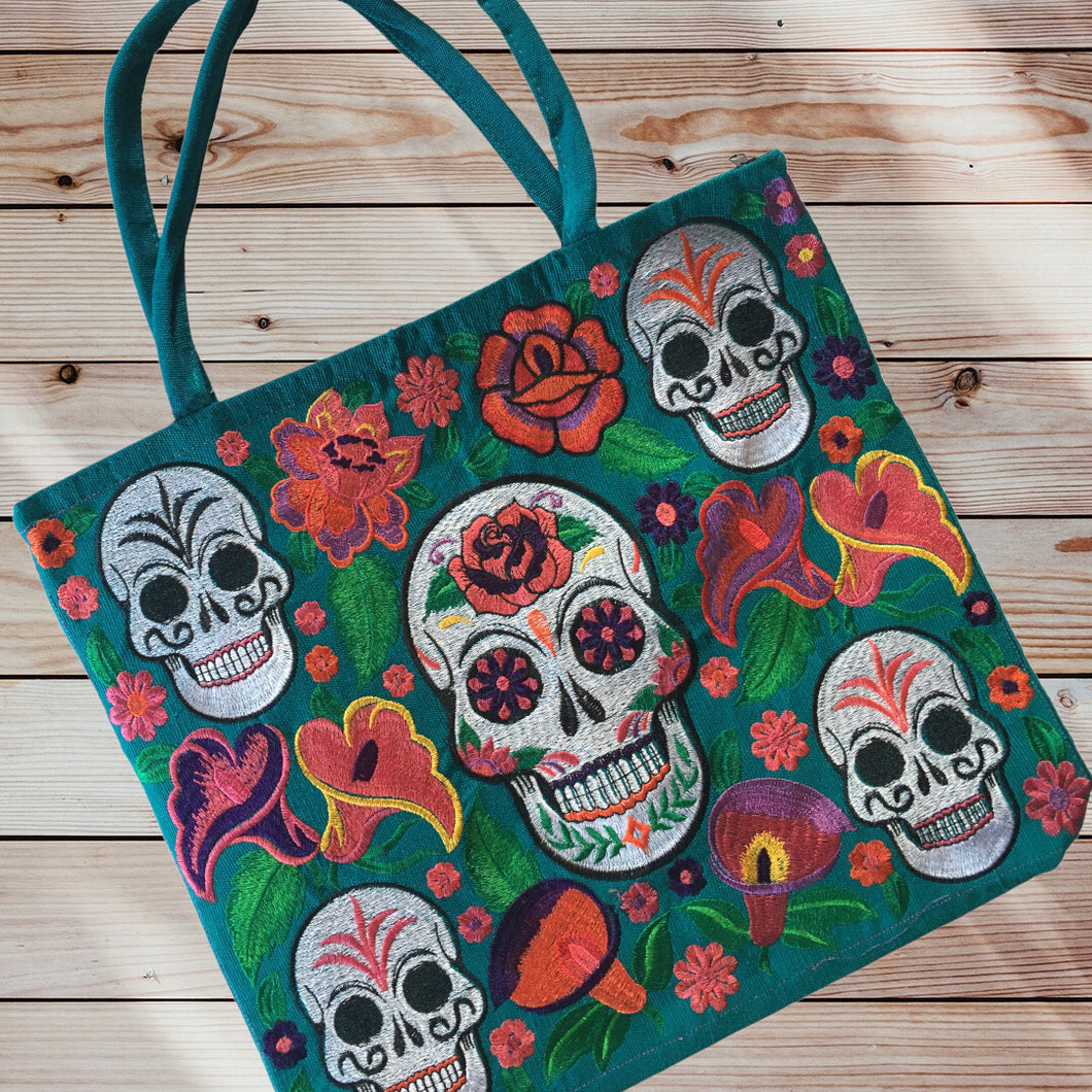 Handmade Mexican Sugar Skull Embroidered Tote Bag - Women's Purses & Handbags