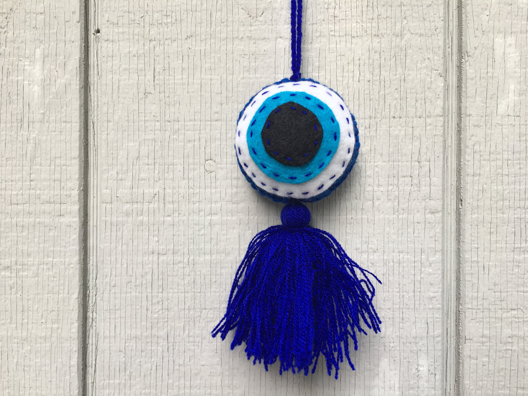Handmade Hand Embroidered Mexican Felt Evil Eye Pom Pom Tassel - Blue