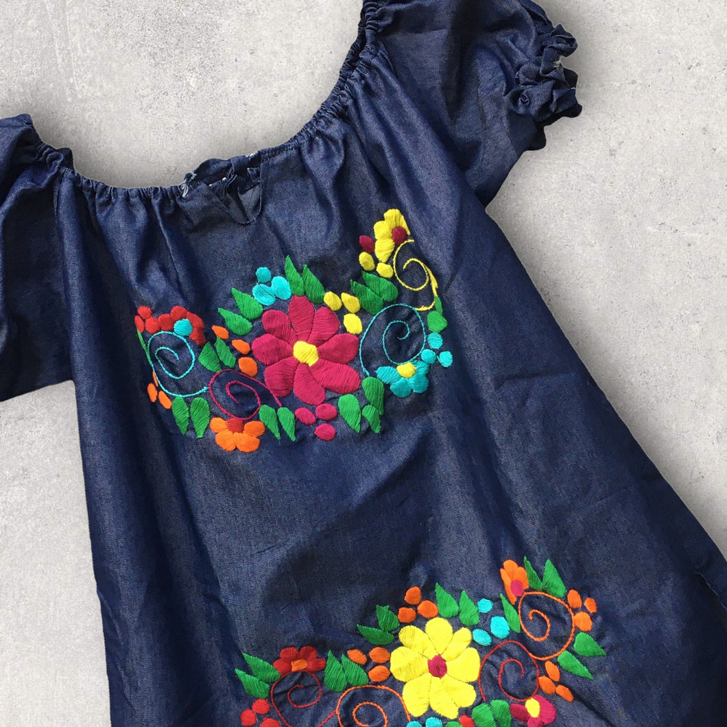 Handmade Women's Hand Embroidered Mexican Blouse - Chambray - Size Medium