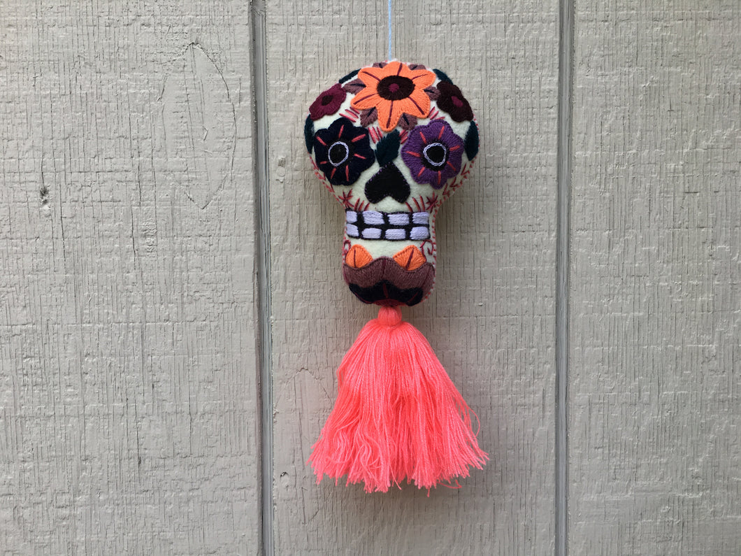 Handmade Embroidered Felt Mexican Sugar Skull Pom Pom - Dia de los Muertos