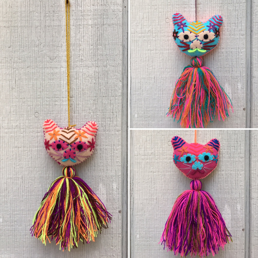 Handmade Embroidered Mexican Felt Cat Pom Pom Tassel - Cat Gift - Cat Decor