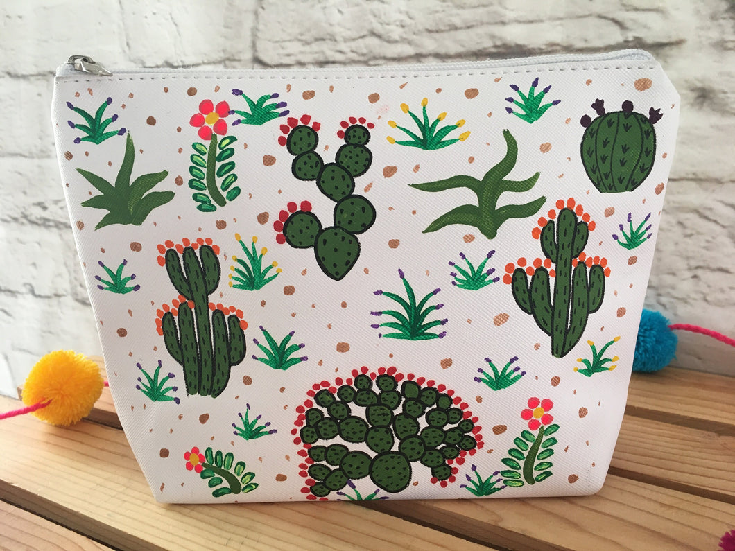 Hand Painted Cactus Succulent Mexican Cosmetic Bag - Vegan Cruelty Free Makeup Bag - Bohemian Cosmetic Bag - Bolsa Cosmetica - Artesanias