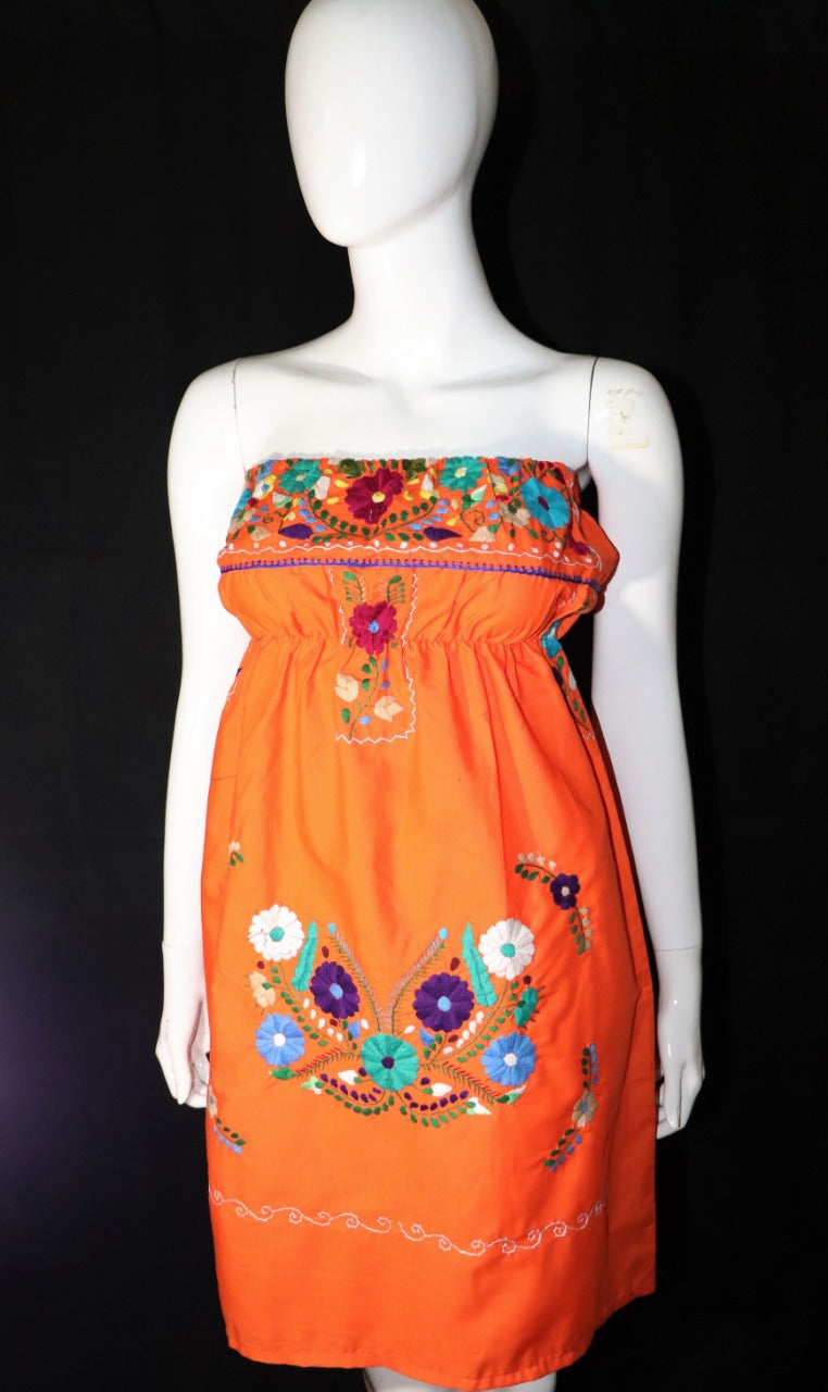 Handmade Women's Strapless Embroidered Mexilcan Dress - Size Medium