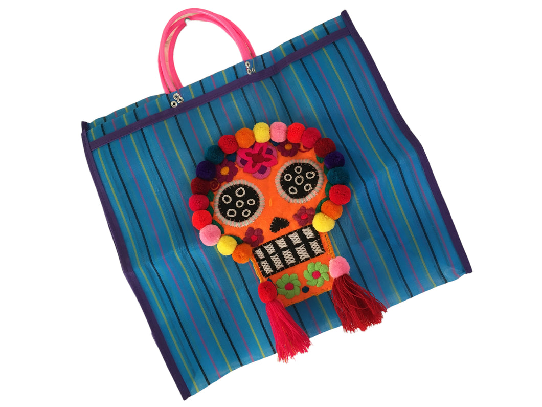 Handmade Embroidered Mesh Mexican Sugar Skull Shopping Tote Bag