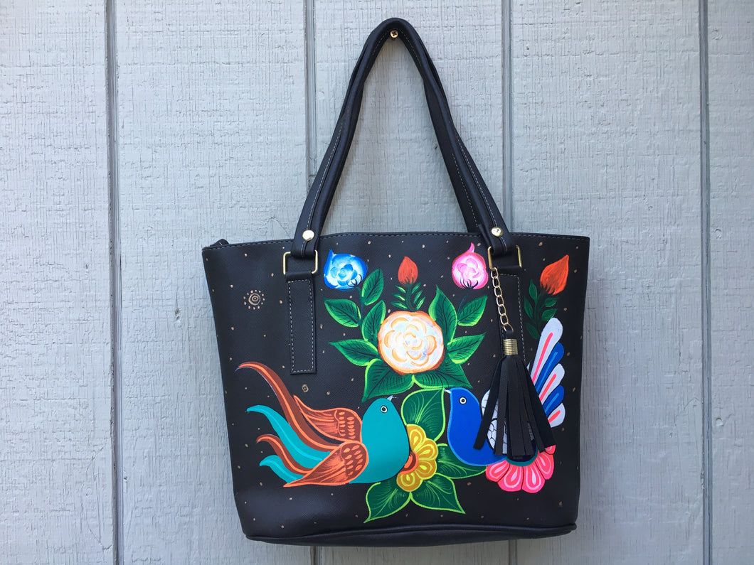 Hand Painted Mexican Tote Bag Purse Handbag - Synthetic Vegan Leather Bag