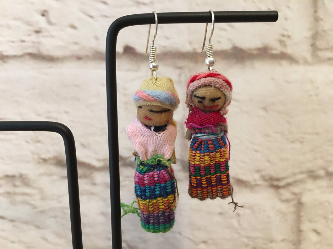 Handmade Mexican Worry Doll Earrings - Fabric Earrings - Aretes de Muñecas - Bohemian Jewelry - Gift for Her - Mexican Folk Art Crafts