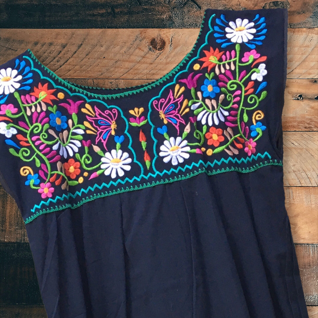 Handmade Women's Floral Embroidered Mexican Dress - Midi Dress - Size Medium