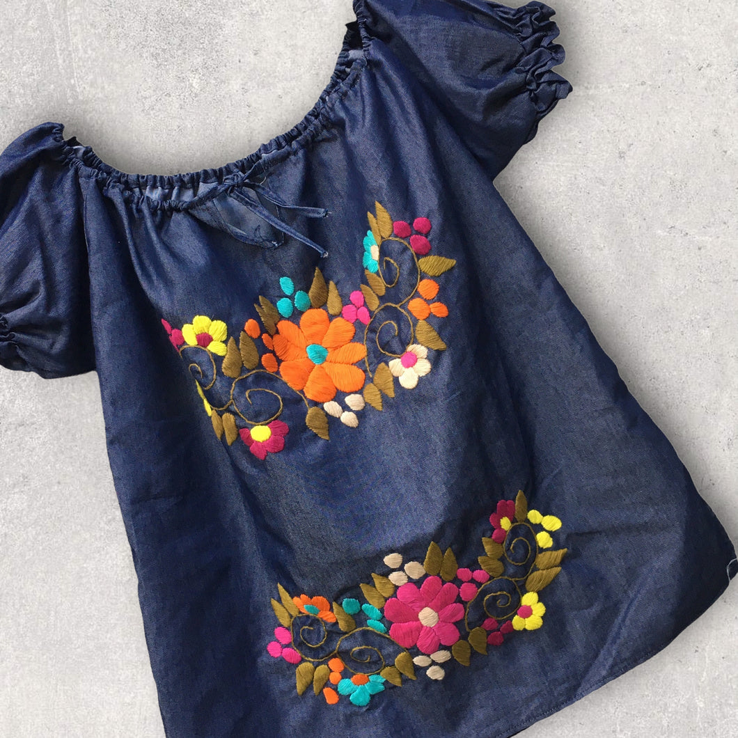 Handmade Women's Hand Embroidered Mexican Blouse - Chambray - Size Medium