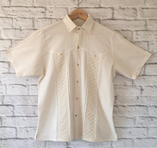 Load image into Gallery viewer, Handmade Men&#39;s Off White Mexican Guayabera Shirt - Sizes: Small, Medium, Large &amp; XL - Handmade in Chiapas, Mexico - Men&#39;s Mexican Clothing

