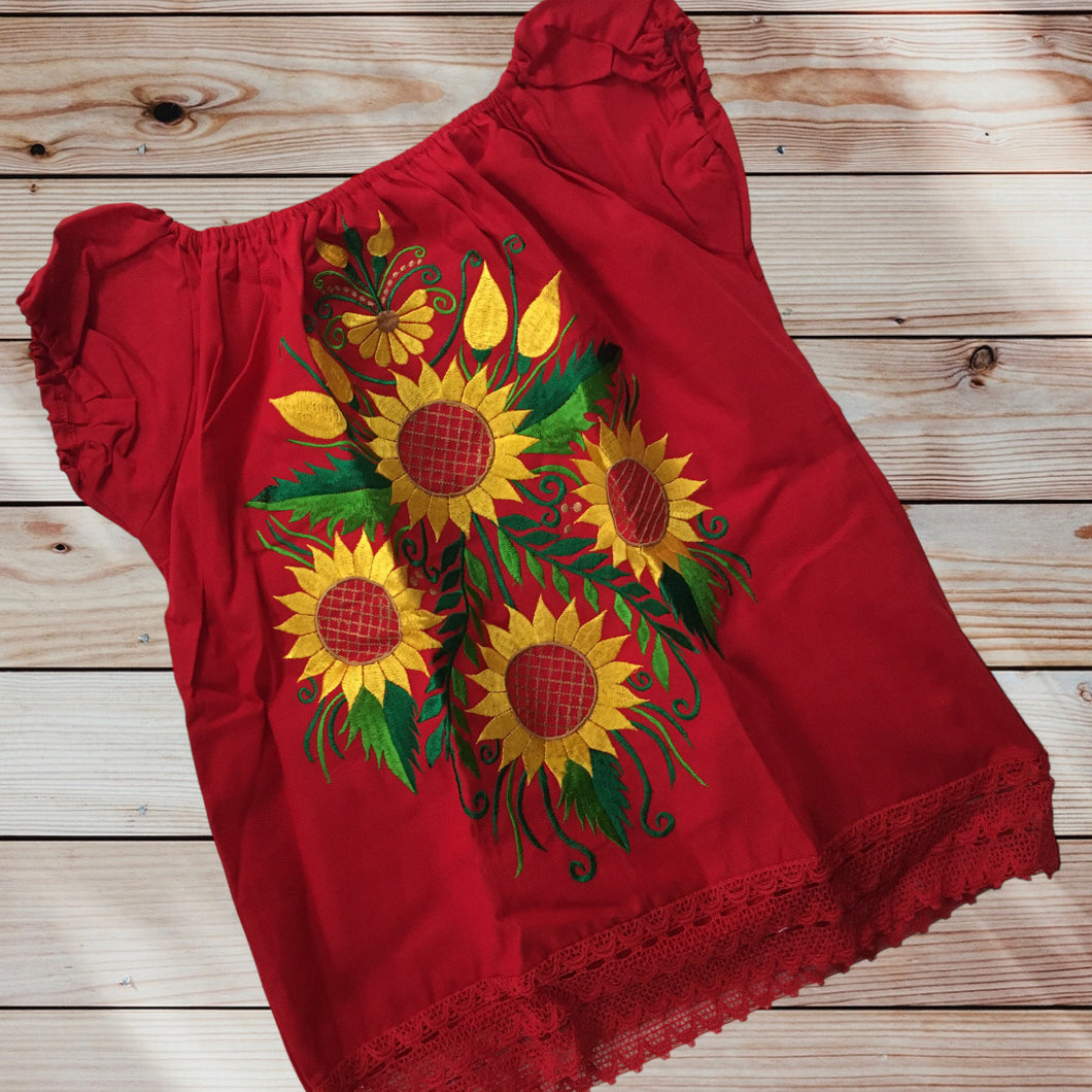 Handmade Embroidered Mexican Sunflower Blouse - Size Medium Large