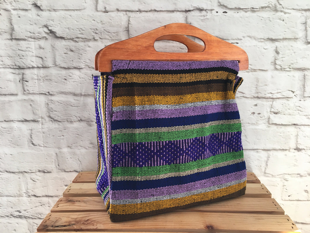 Handmade Woven Mexican Handbag Purse Tote Bag with Wood Handles - Bohemian Boho Hippie Handbag Purse - Bolsa Mexicana