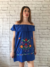 Load image into Gallery viewer, Handmade Women&#39;s Off the Shoulder Blue Embroidered Mexican Dress - Size Medium - Oaxaca, Mexico - Artesanias Mexicanas - Bordados Mexicanos

