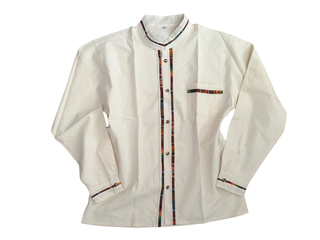 Handmade Men's Long Sleeve Traditional Off-White Mexican Guayabera - Small - XL