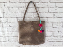 Load image into Gallery viewer, Handmade Brown Woven Mexican Tote Bag &amp; Pom Pom - Mexican Palm Bag - Mexican Beach Tote Bag - Bolsa Artesanal Mexicana - Gift Idea
