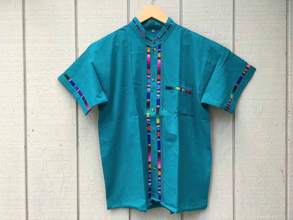 Handmade Men's Traditional Teal Mexican Guayabera - Size Small Medium Large XL
