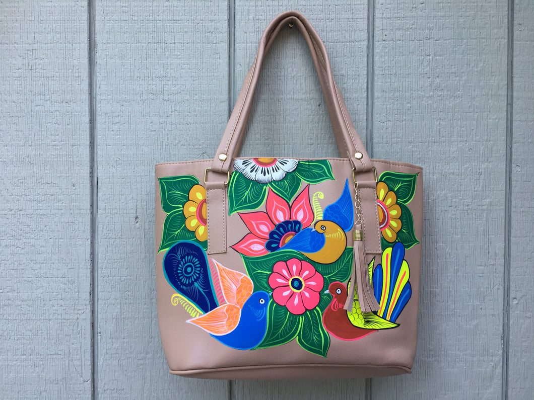 Hand Painted Mexican Tote Bag Purse Handbag - Synthetic Vegan Leather Bag