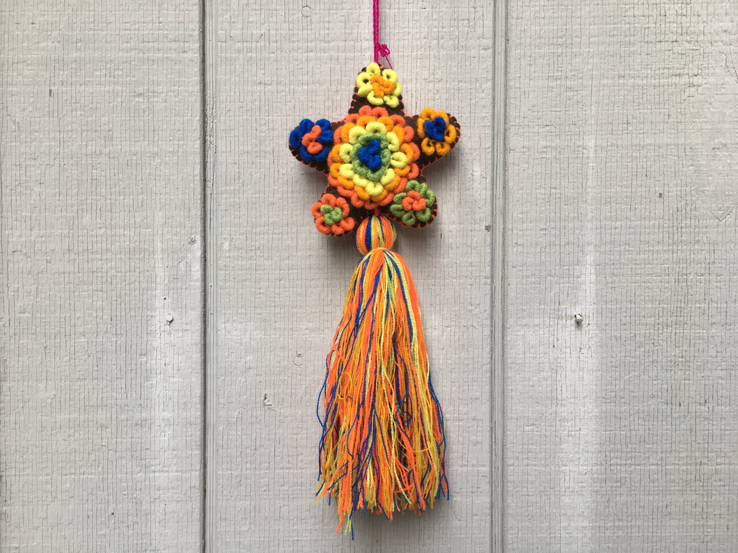 Handmade Hand Embroidered Mexican Felt Star Pom Pom Tassel - Rainbow