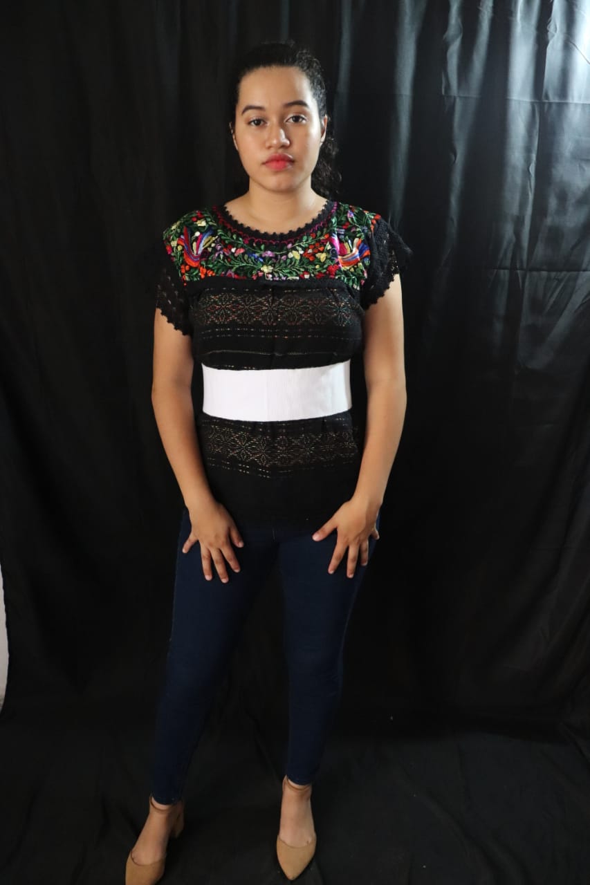 Mexican Blouse Shirt Top Embroidered Flowers Chiapas Belt Faja Medium Black  X41