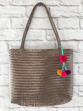 Load image into Gallery viewer, Handmade Brown Woven Mexican Tote Bag &amp; Pom Pom - Mexican Palm Bag - Mexican Beach Tote Bag - Bolsa Artesanal Mexicana - Gift Idea
