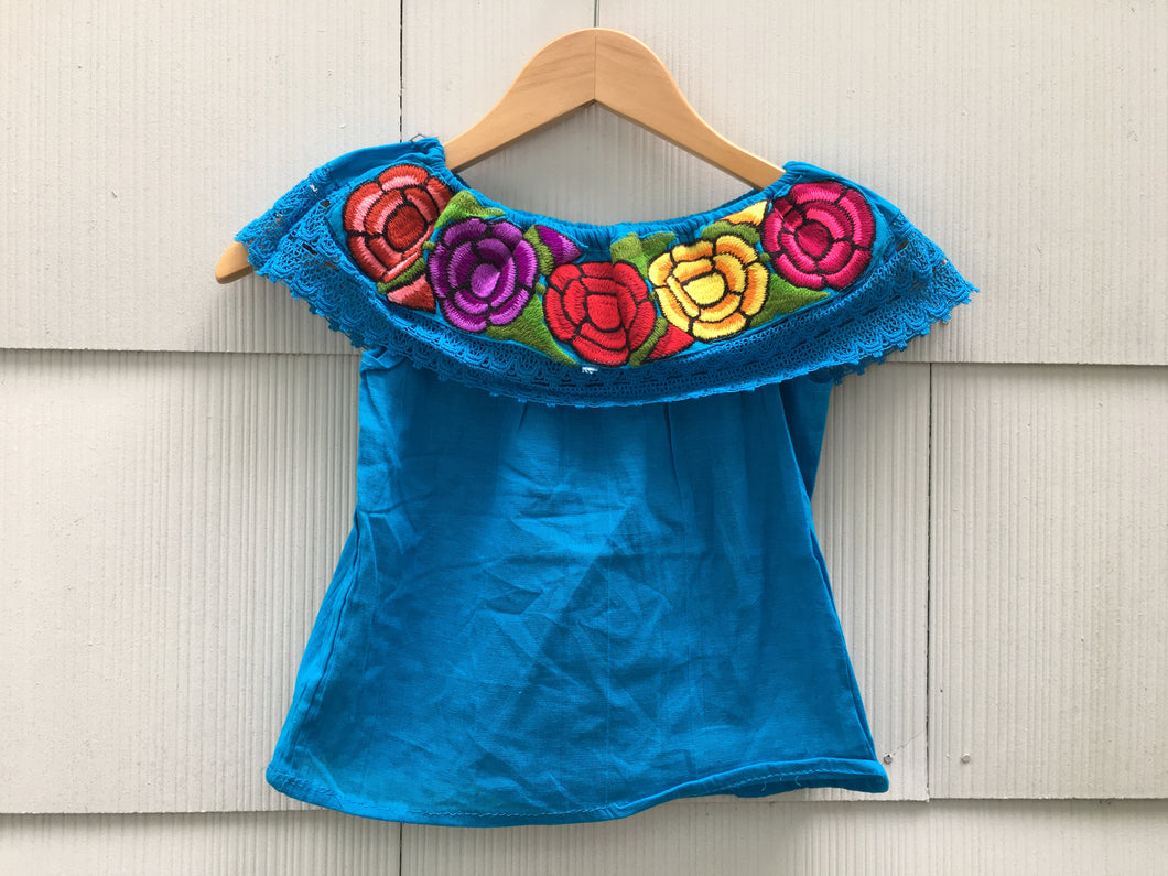Handmade Girls Embroidered Mexican Blouse - Size 4 - Off the Shoulder Blouse